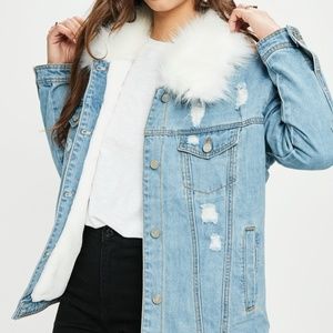 White Faux Fur Collar Denim Jacket